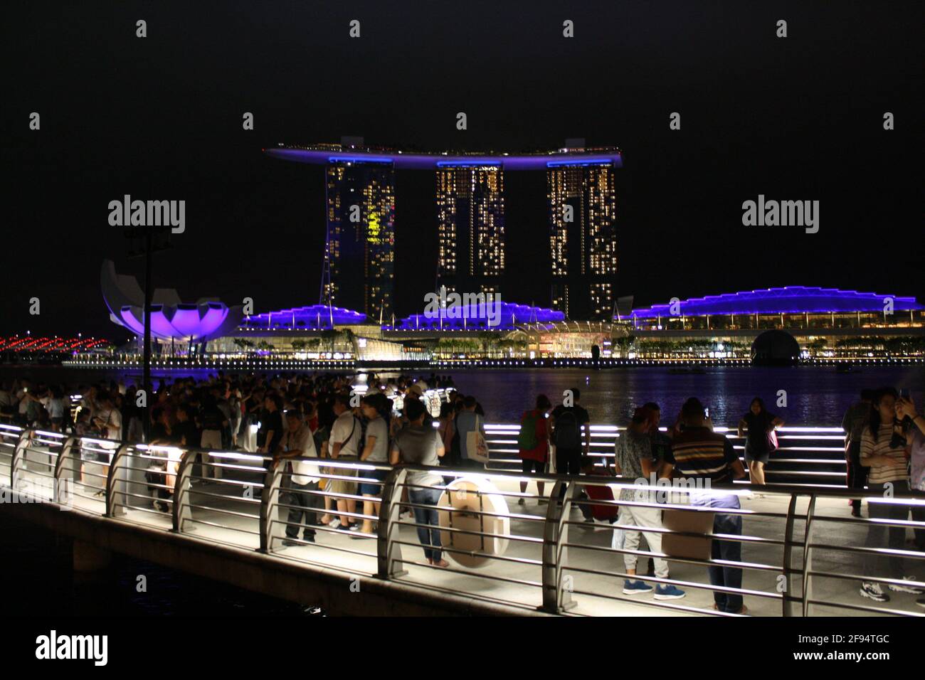 Photographs of Singapore's most iconic riverside landmarks: Marina Bay Sands, The Merlion & Esplanade. Taken at night on 11/01/20 Stock Photo