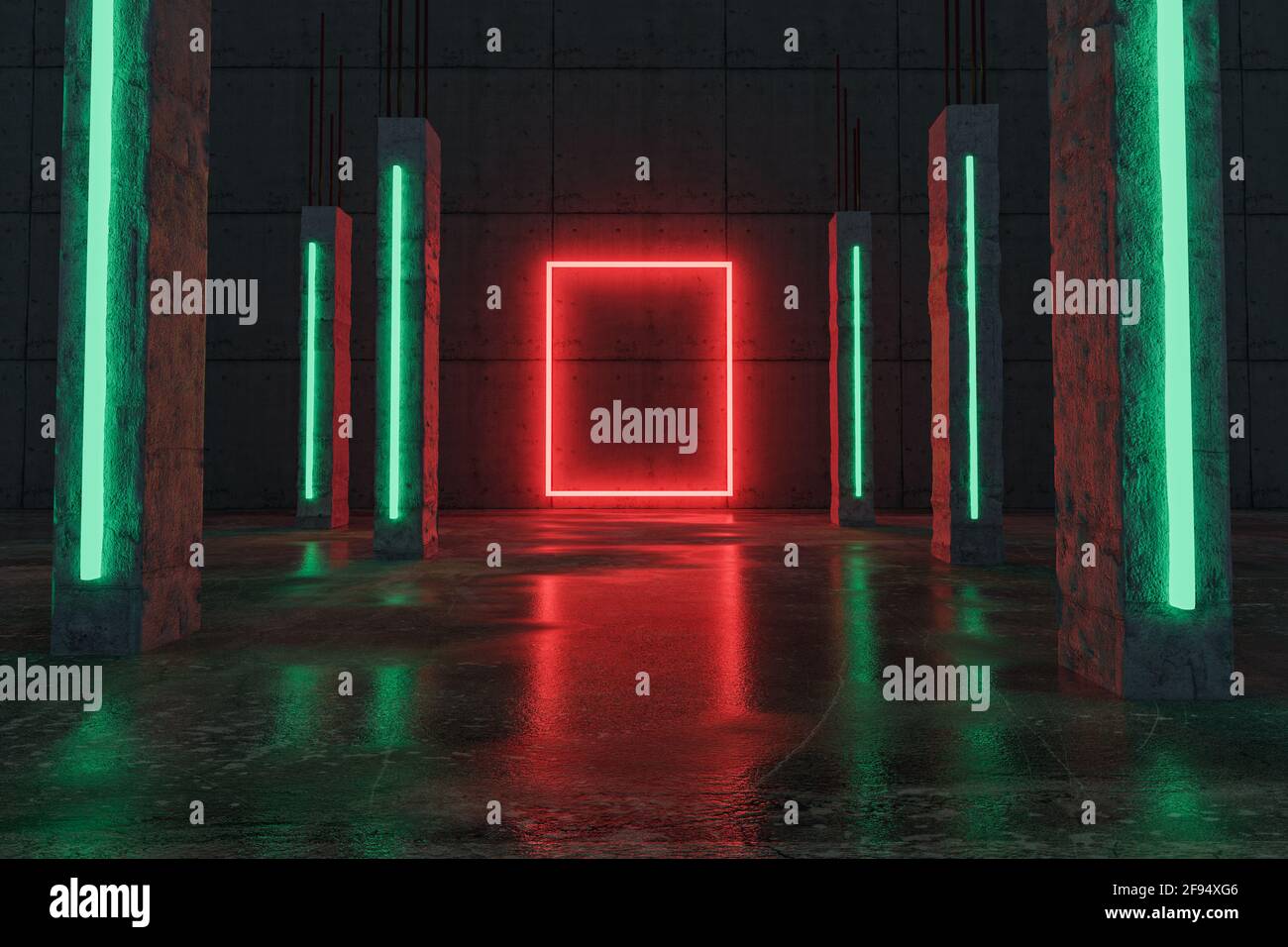 3d rendering of red lighten rectangle shape next by green concrete pillars and grunge floor with puddles Stock Photo