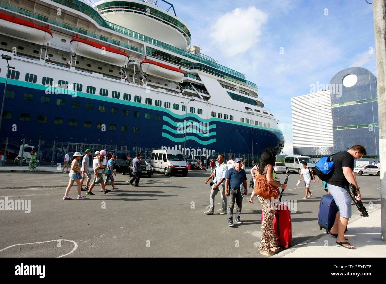 salvador, bahia, brazil - december 28, 2014: passengers are seen disembarking from a cruise ship at the maritime terminal in the port of Salvador. Stock Photo