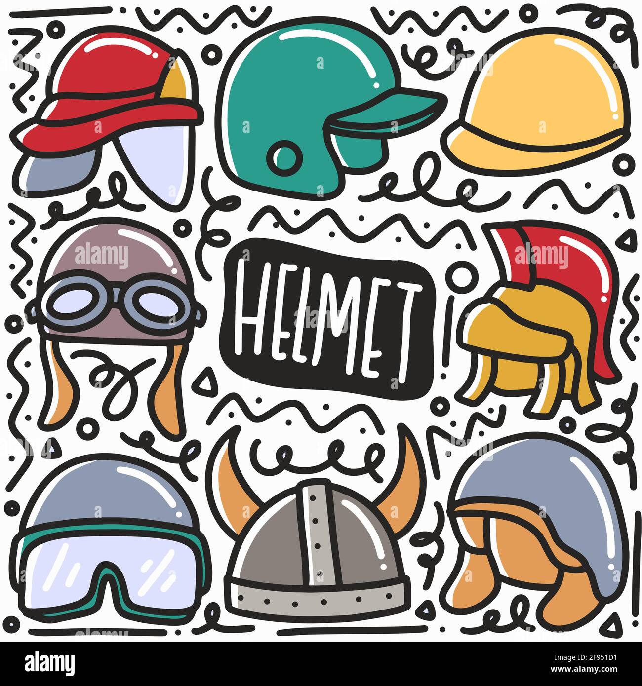 hand drawn helmet doodle set Stock Vector