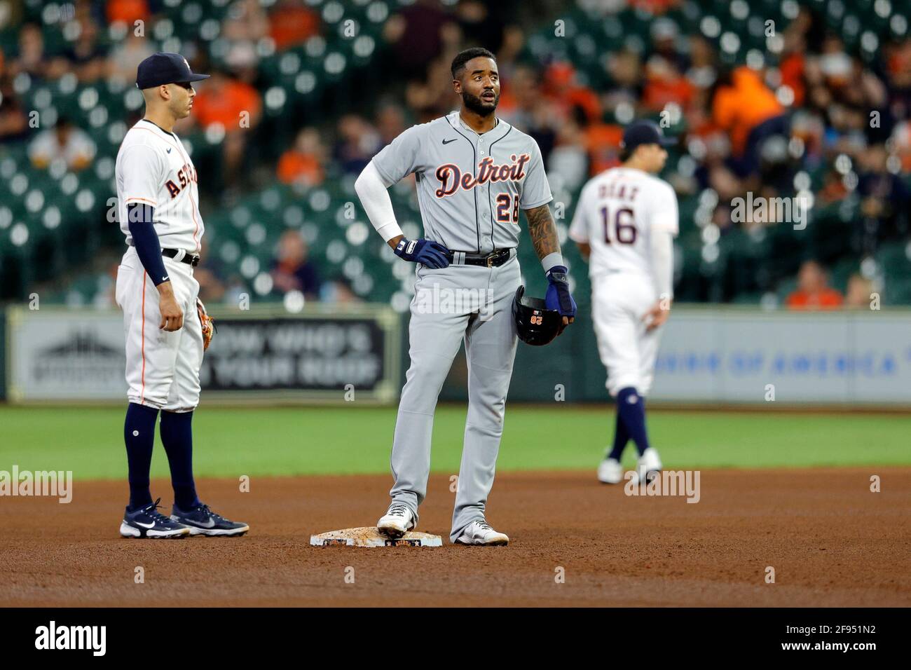 Detroit Tigers Niko Goodrum (28) waits at second base while the Astros make  a pitching change during a MLB baseball game, Wednesday, April 14, 2021, in  Houston. The Tigers defeated the Astros