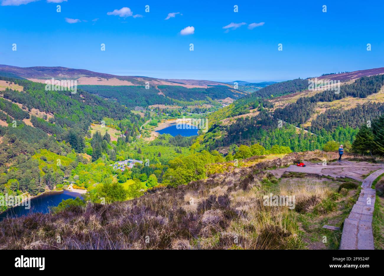 aerial-view-of-the-upper-and-lower-lake-in-glendalough-ireland-stock