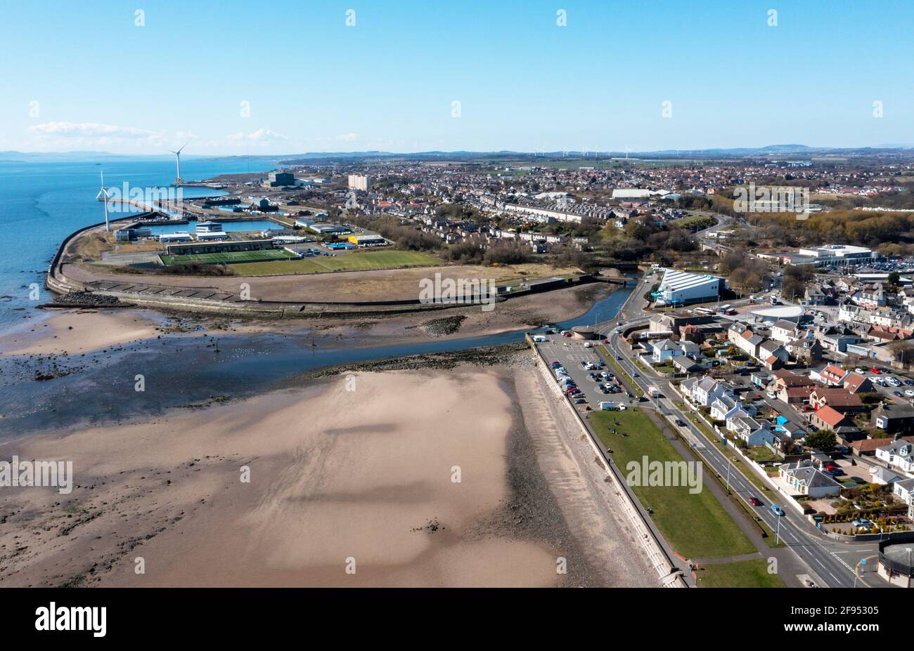 Aerial view of Leven beach at the most of the river Leven, Fife