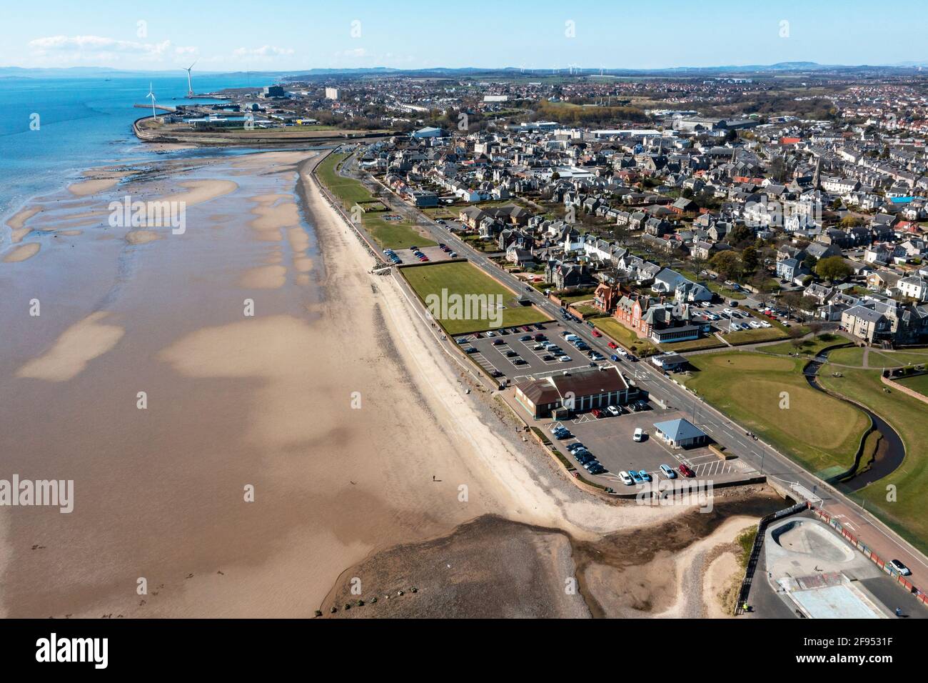Aerial view of Leven beach at the most of the river Leven, Fife