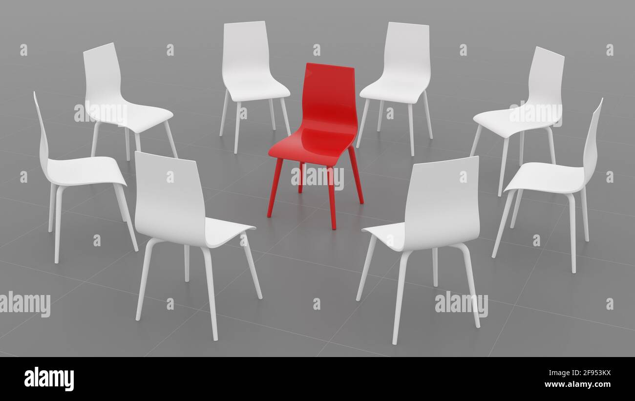 Red chair in a circle of white chairs on a gray background. Business large meeting. 3d illustration. Stock Photo