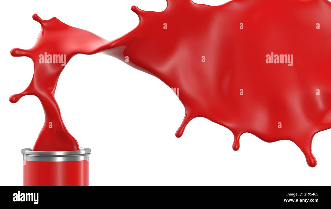 Red paint spills out and cans. 3 d illustration. Isolated on white