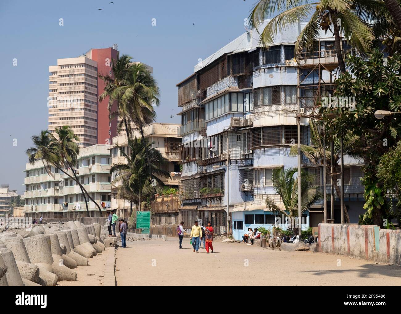Apartment buildings at Mahim Bay beach in Mumbai,  Maharashtra,India, Asia. Stock Photo