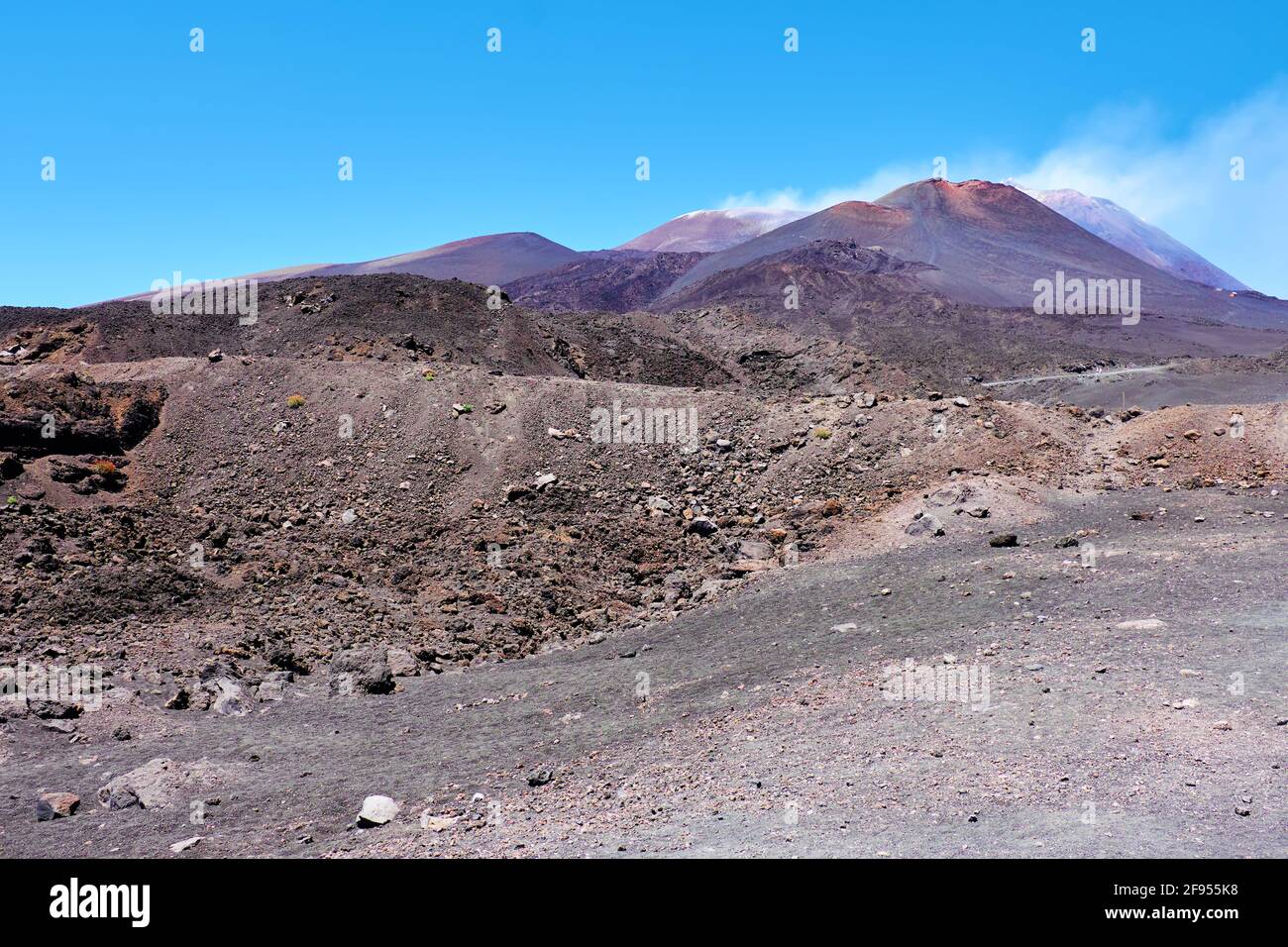 Mount Etna in Sicily near Catania, Tallest active volcano in Italy and whole Europe. Traces of volcanic activity, steam from craters. Stock Photo