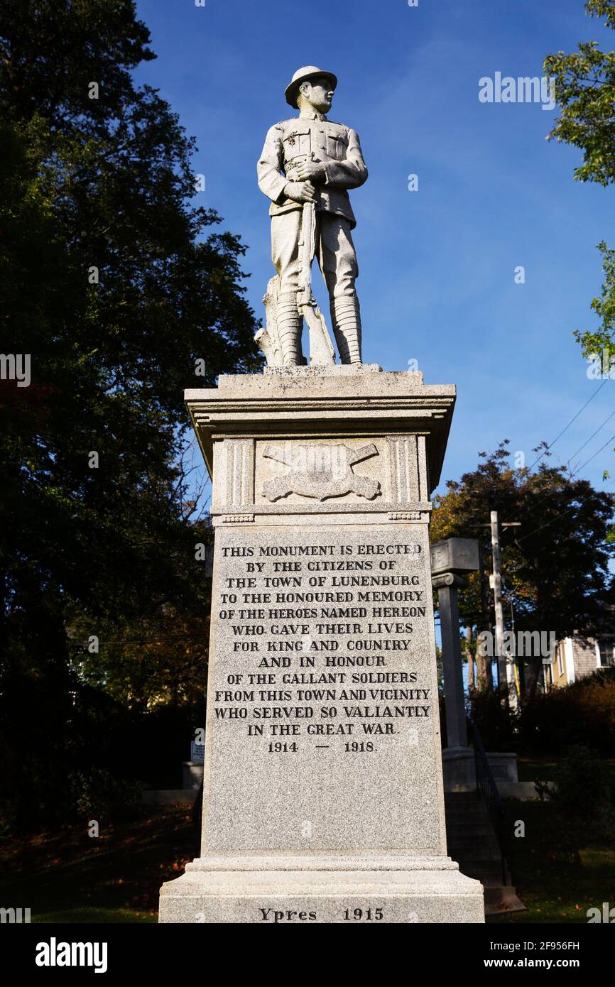 War Memorial to the fallen of the Great War in Lunenburg, Nova Scotia, Canada. The memorial stands in memory of residents who died in the war of 1914 Stock Photo