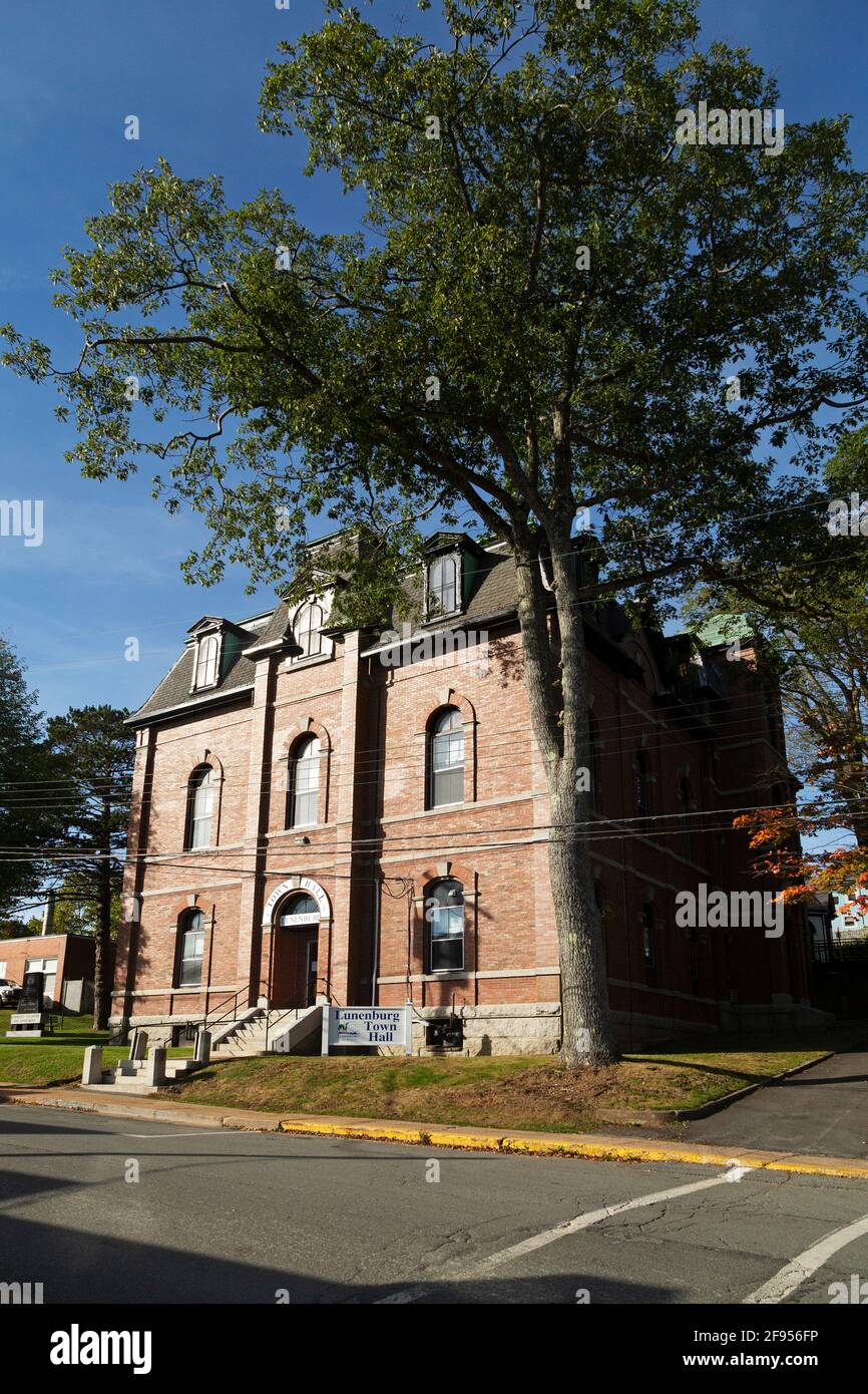 The town hall in Lunenburg, Nova Scotia, Canada. A tree stands next to