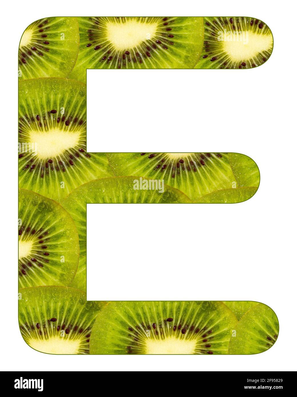 Alphabet letter E with kiwi fruit background - Actinidia deliciosa Stock Photo