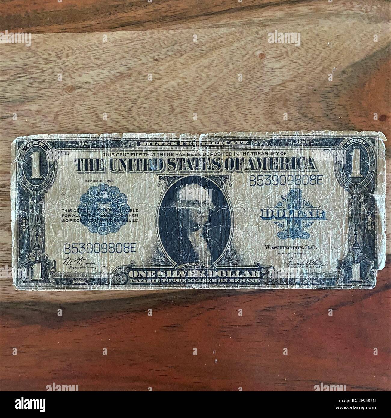 The front of an antique one dollar bill from 1923. Old US dollar. Large bill. Stock Photo
