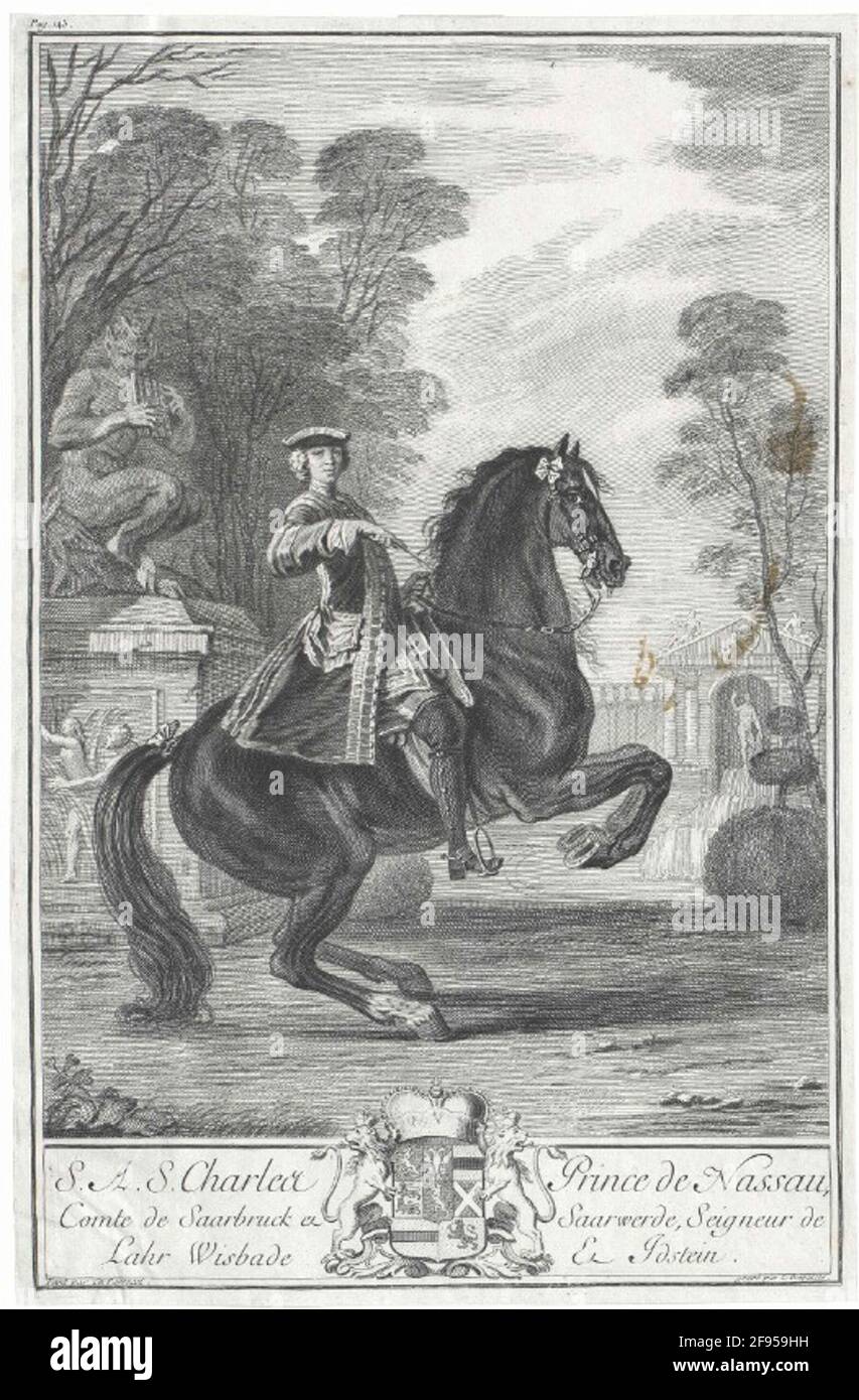 Nassau-Usingen, Karl Prince from in Schlosspark to Horse in Levadenpose: Whole figure, laterally from the right, face half of the right; in rider skirt, with threepit; Bowded; Riding in the right, reins in the left; In the background on the left on the left on postaming the seat of a fake footed pans, playing on the panpipe; below the representation FRZ. Legend & coats of arms; Netherworthy; Rectangular frame line. Copper engraving by Louis Desplaces after painting by Charles Parrocel. Stock Photo