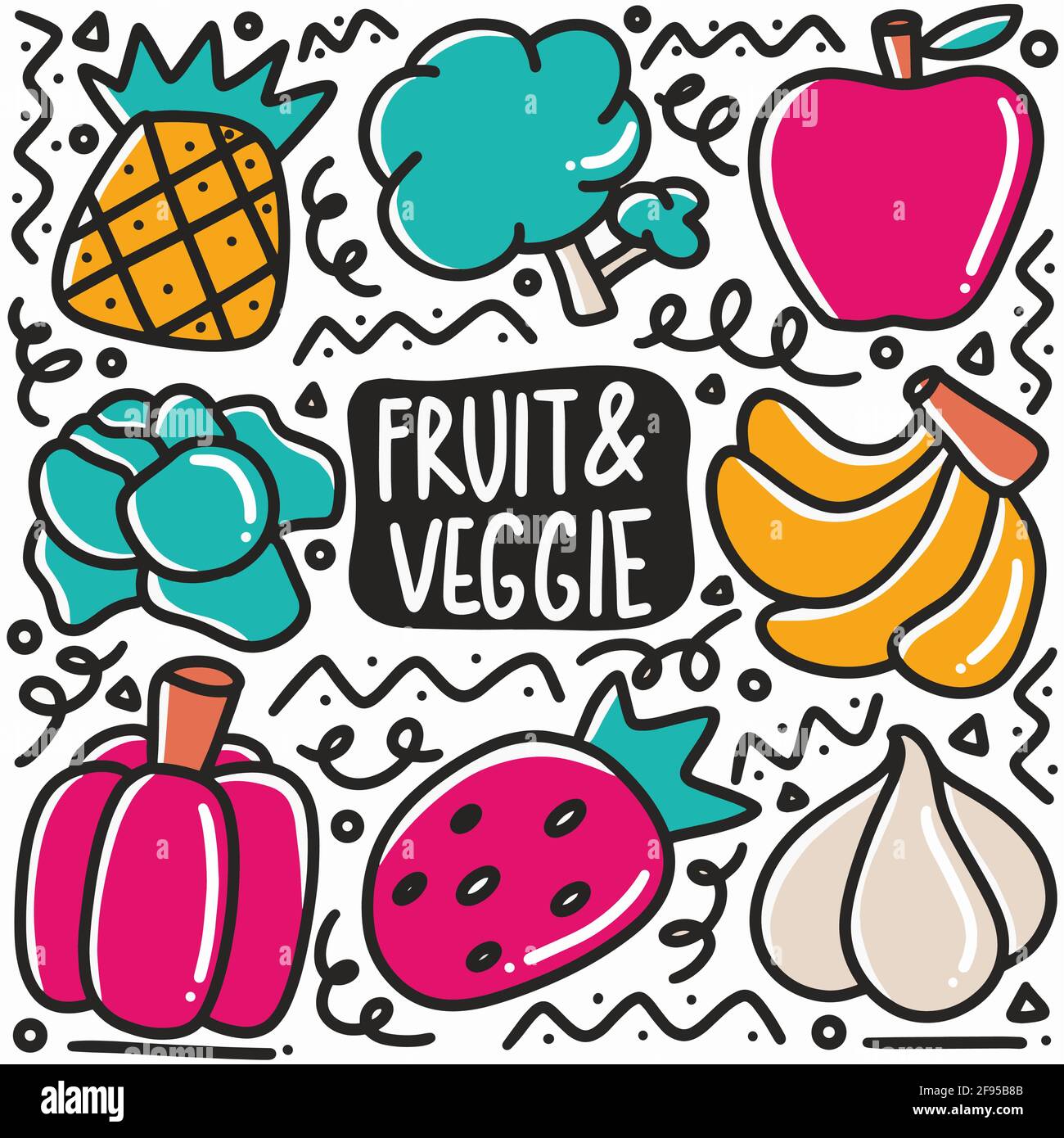 hand drawn variation fruit and vegetable doodle set Stock Vector