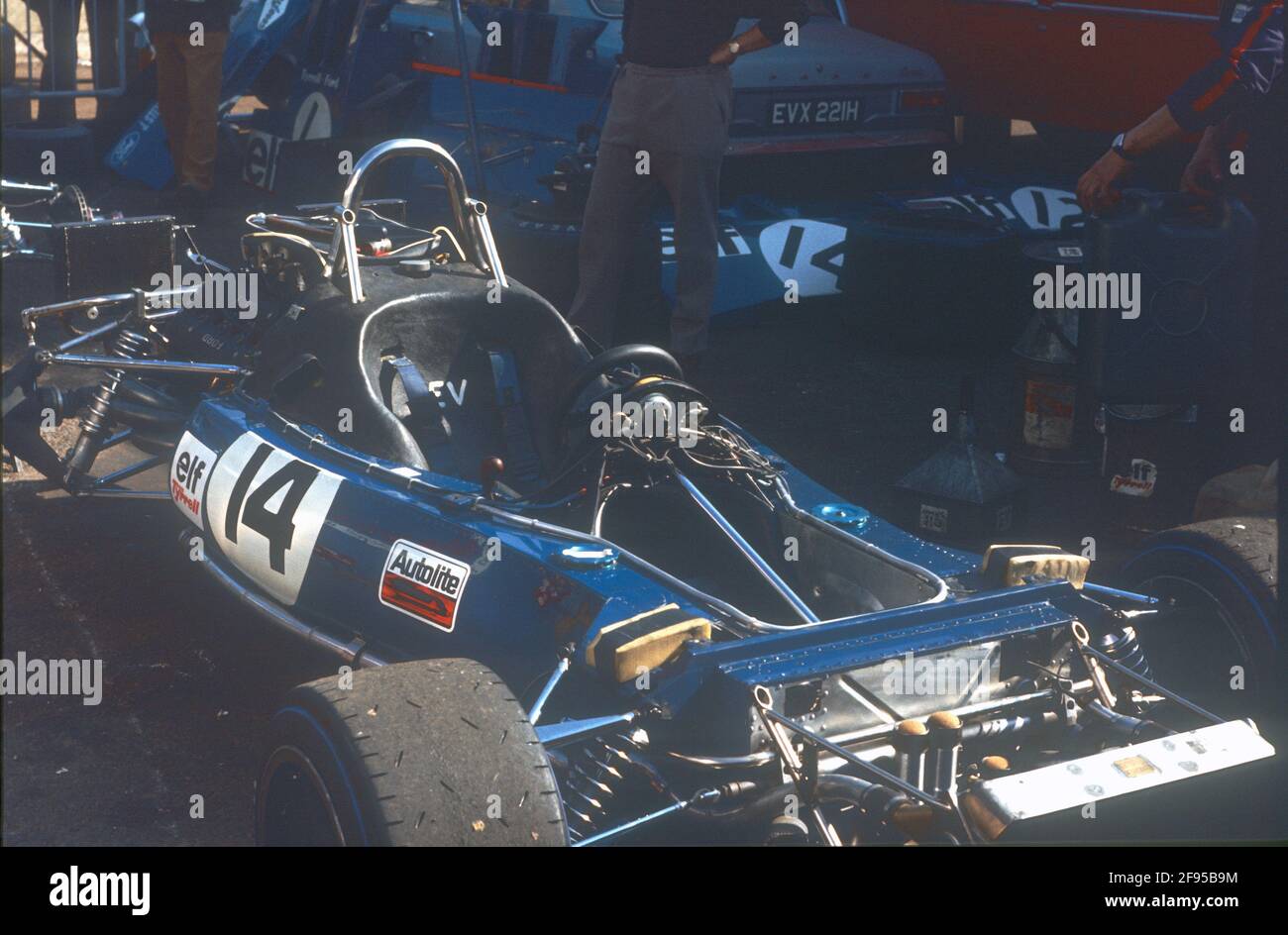 The Tyrrell 002 of Francois Cevert stripped down  in the Silverstone paddock during practice for the 1971 British Grand Prix. Stock Photo