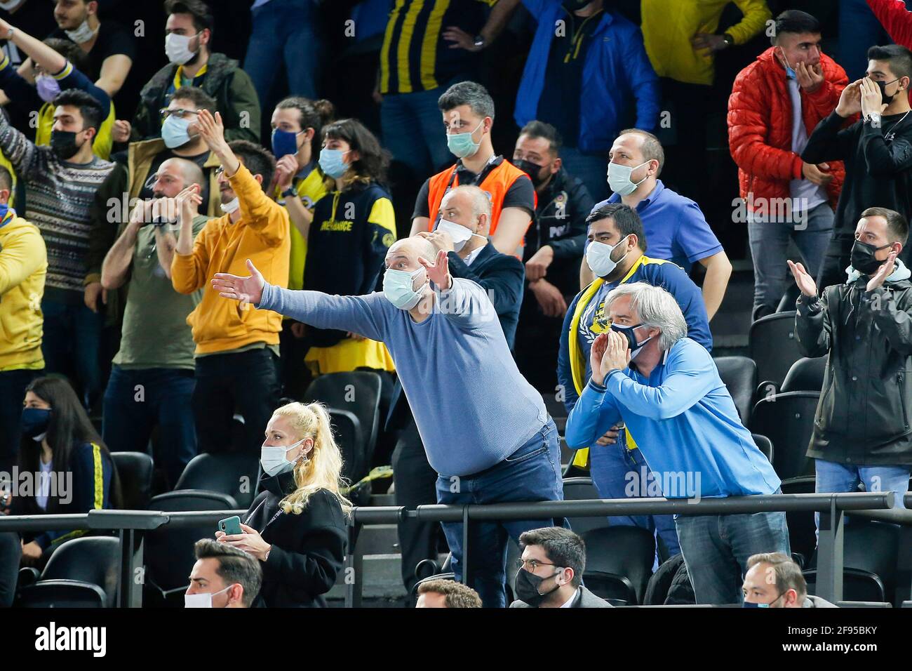 ISTANBUL, Turkey. 16th Apr, 2021: Istanbul, Turkey. 16th Apr, 2021. ISTANBUL, TURKEY - APRIL 16: Supporters of Fenerbahce Oznur Kablo during the Euroleague Women Final Four match between Fenerbahce Oznur Kablo and UMMC Ekaterinburg at Volkswagen Arena on April 16, 2021 in Istanbul, Turkey (Photo by /Orange Pictures) Credit: Orange Pics BV/Alamy Live News Stock Photo
