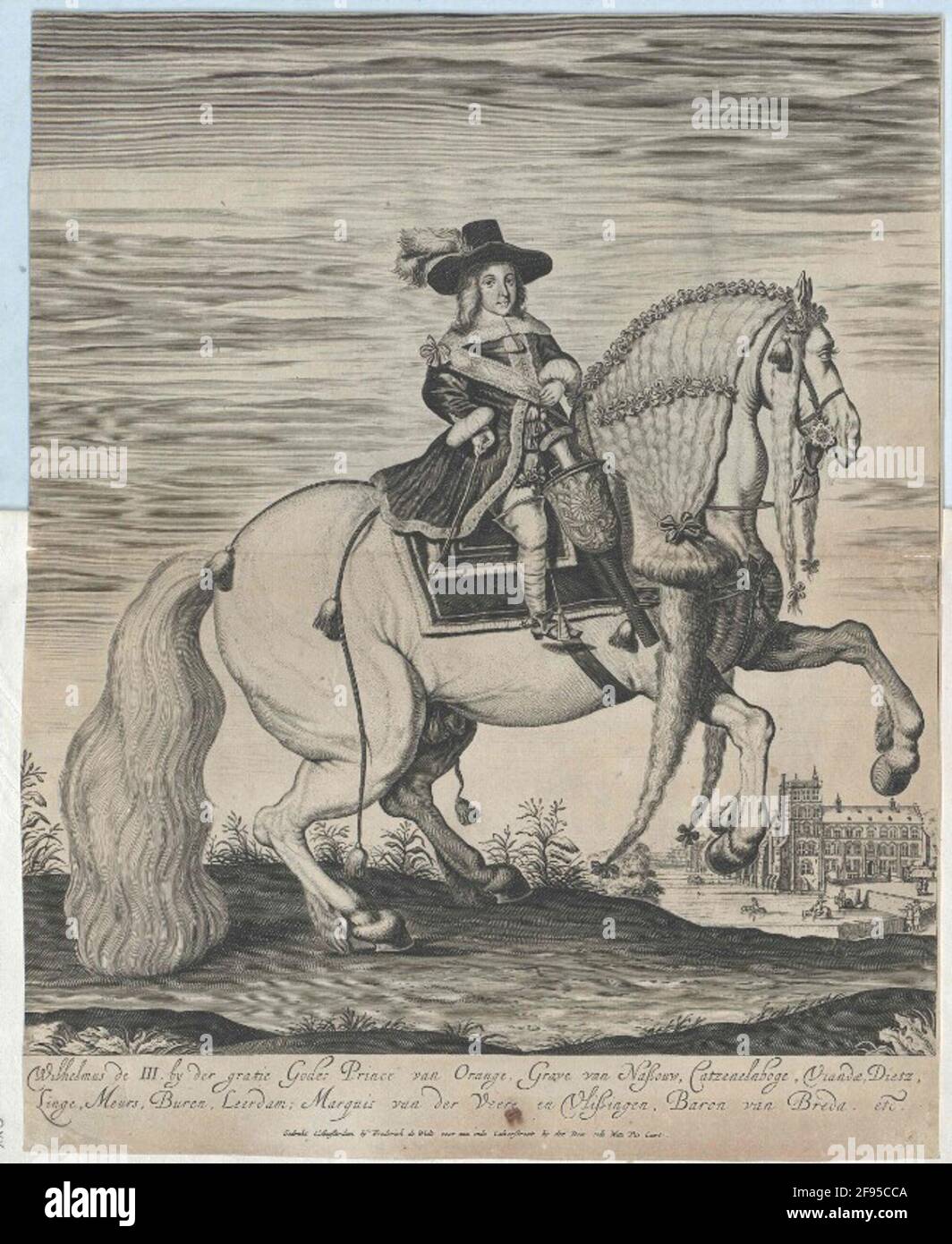 Wilhelm III., Prince of Orania, King of England aged from about five years on horseback: Whole figure sitting on a mold in the right side view, half of the right; with sprinkled hat; in rider skirt with edge braids, shoulder collar, shoulder band with loop, bay cuffs; Rights with riding material on the hip, reins in the left; Two saddle ceilings; Before the saved right leg a pistol [?] Feeding; The horse with elevated front legs attaching to the leap, on his artfully bundled, in two floor-length and two half-length braids expiring mane rich loop decoration, on both sides of the croup two tasse Stock Photo