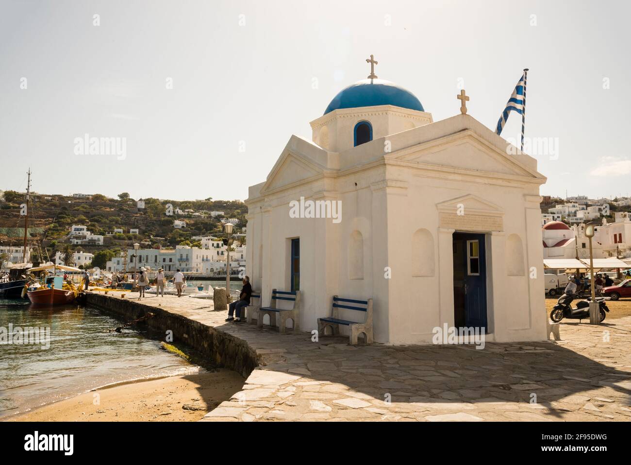 Agios Nikolaos Church in honor of Saint Nicholas, protector of sailors and fishermen, on the Greek Island of Mykonos. Stock Photo