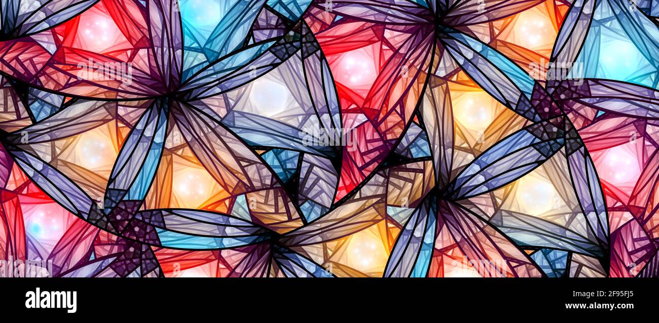 Colorful glowing stained glass, computer generated abstract background, 8k widescreen, 3D rendering Stock Photo