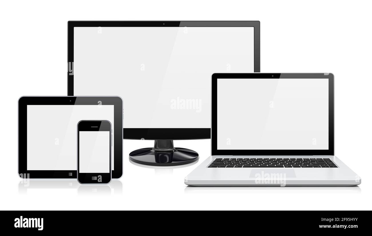 Computer monitor, laptop, tablet pc,  and mobile smartphone with a blank screen. Isolated on a white. 3d image Stock Photo