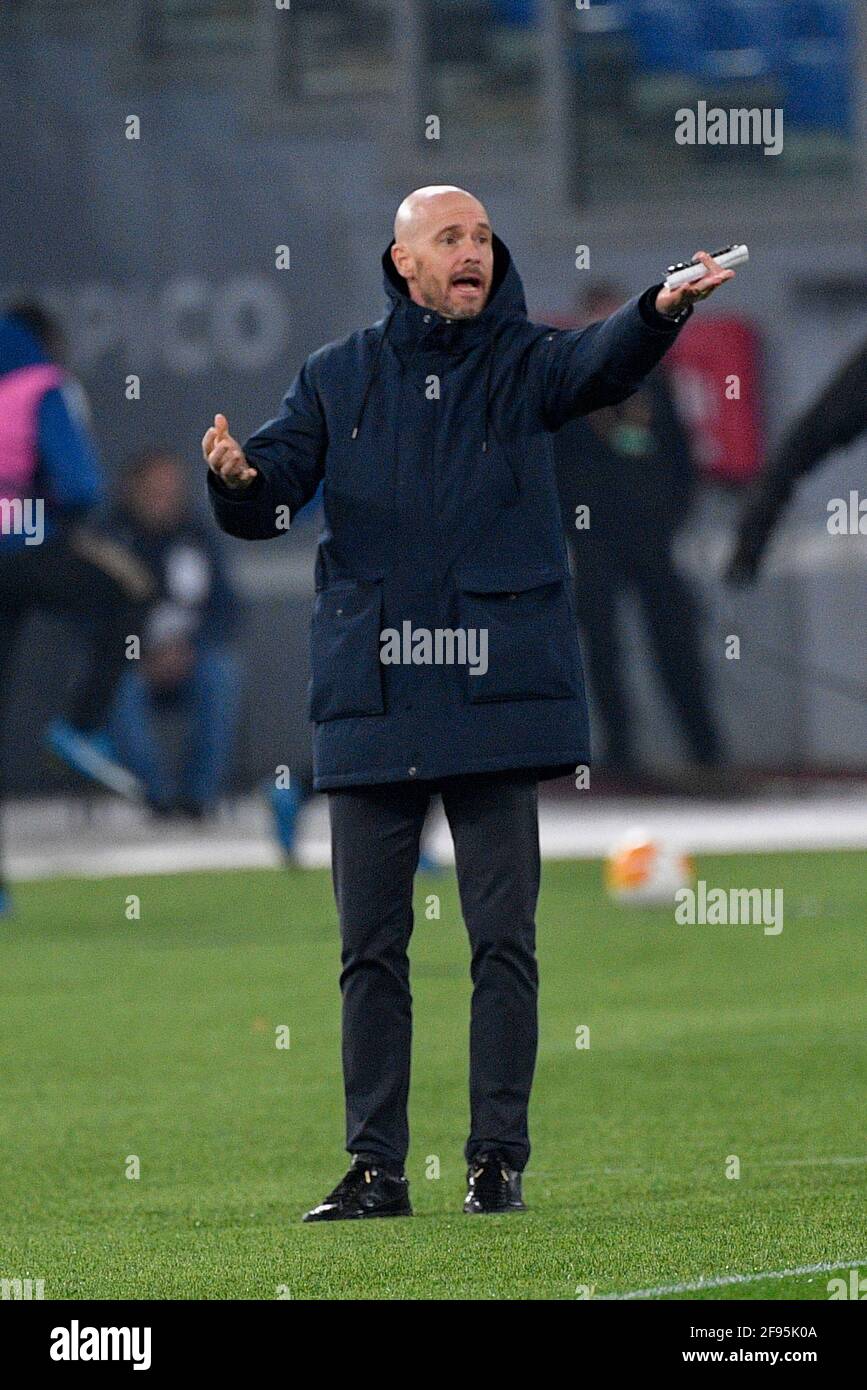 Erik Ten Hag coach of AFC Ajax reacts during the UEFA Europa League Quarter Finals football match between A.S. Roma and AFC Ajax at the Stadio Olimpico.Final score; A.S. Roma 1:1 AFC Ajax. (agg: 3-2) A.S. Rome progress to the semi final. Stock Photo