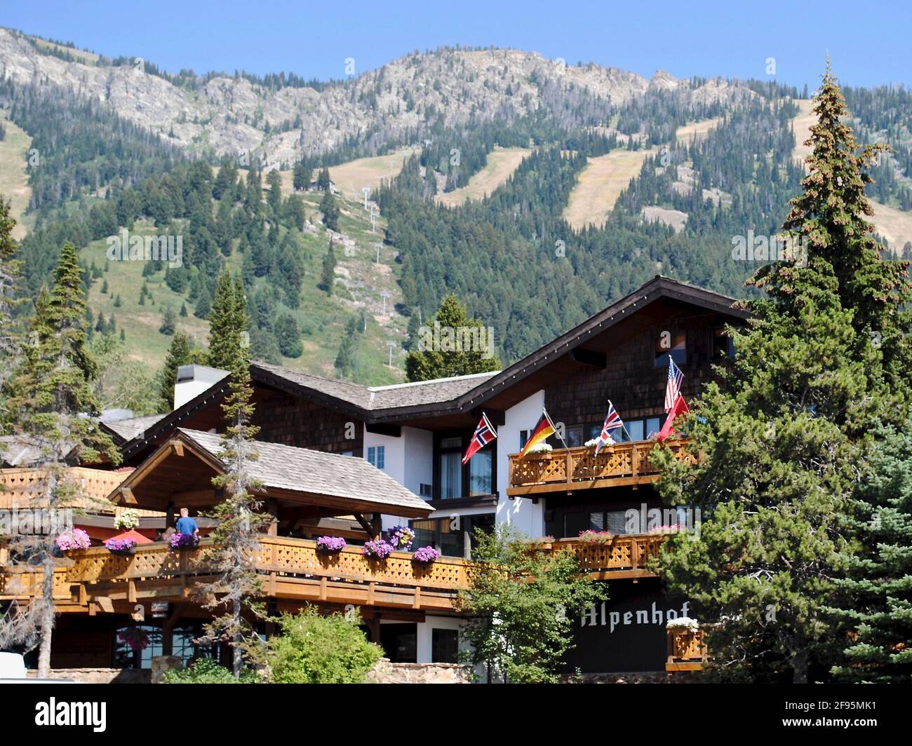 Jackson Hole, Wyoming: The Alpenhof hotel is a European Alpine style ski lodge located at the base of the Jackson Hole Mountain Resort. Stock Photo