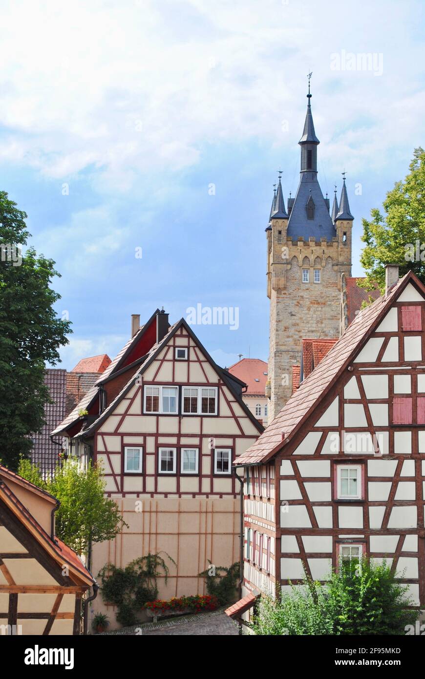 The Blue Tower (Blauer Turm) and half-timbered houses in Bad Wimpfen, Germany in the district of Heilbronn in the Baden-Württemberg Stock Photo