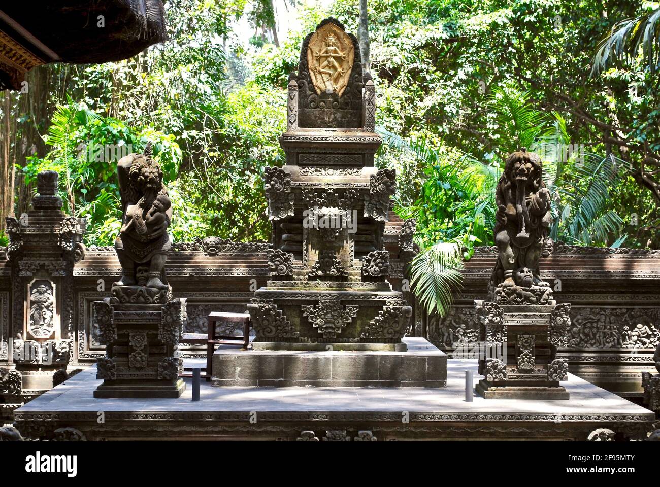 Shrine, Temple or Pura in the Balinese Hindu Monkey Forest. Mandala Suci Wenara Wana, or well known as Ubud Monkey Forest, sanctuary. Stock Photo