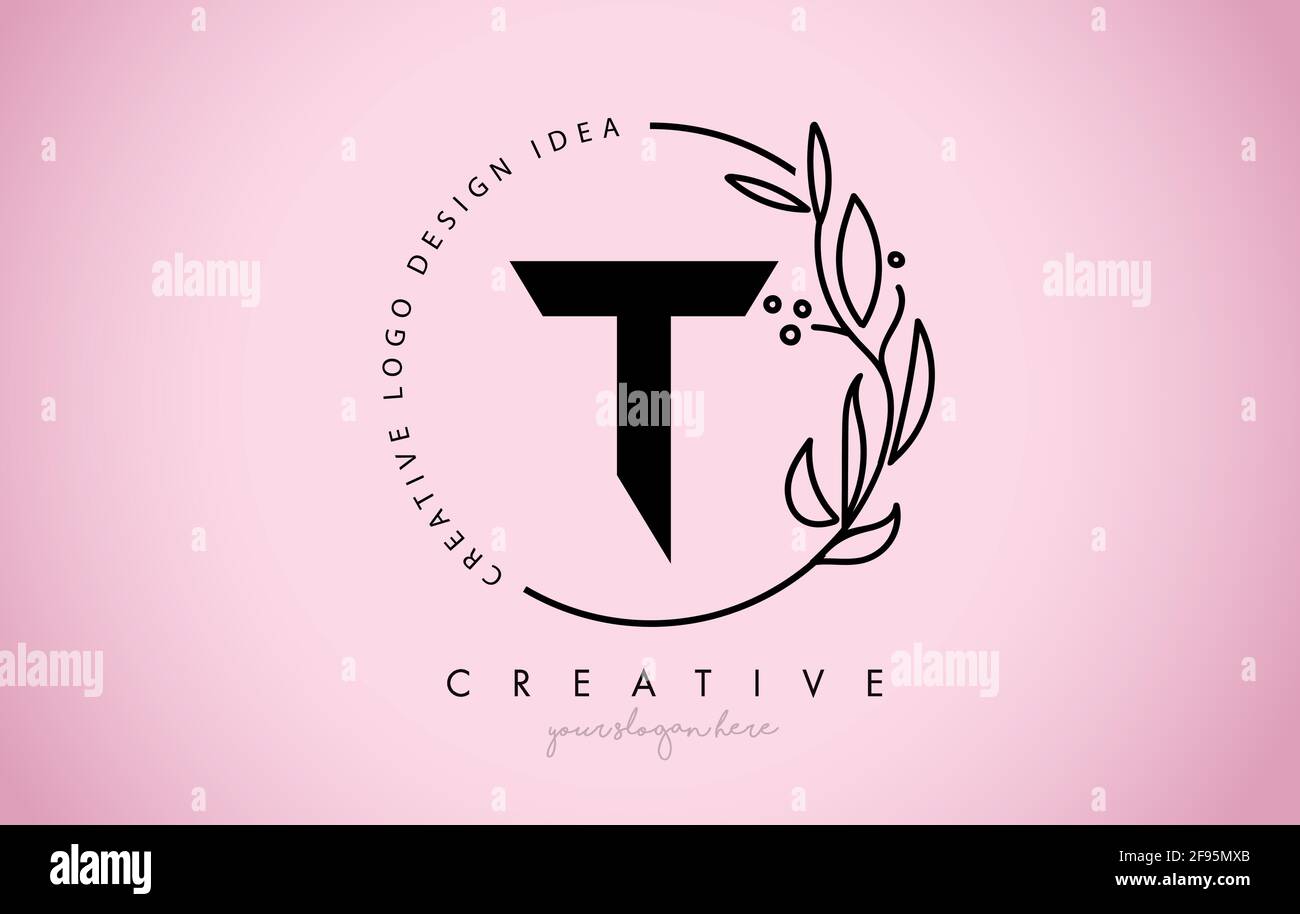 T Letter Floral Logo Design with Creative Elegant Leaf Monogram Branch ...