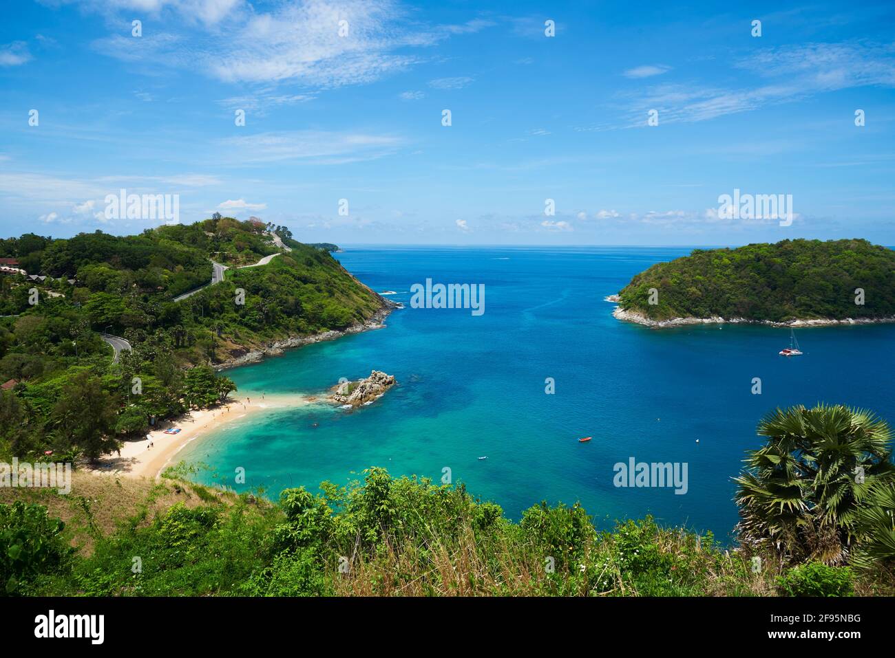 Scene of Leam Phromthep, Phuket from view point and blue sky background Stock Photo