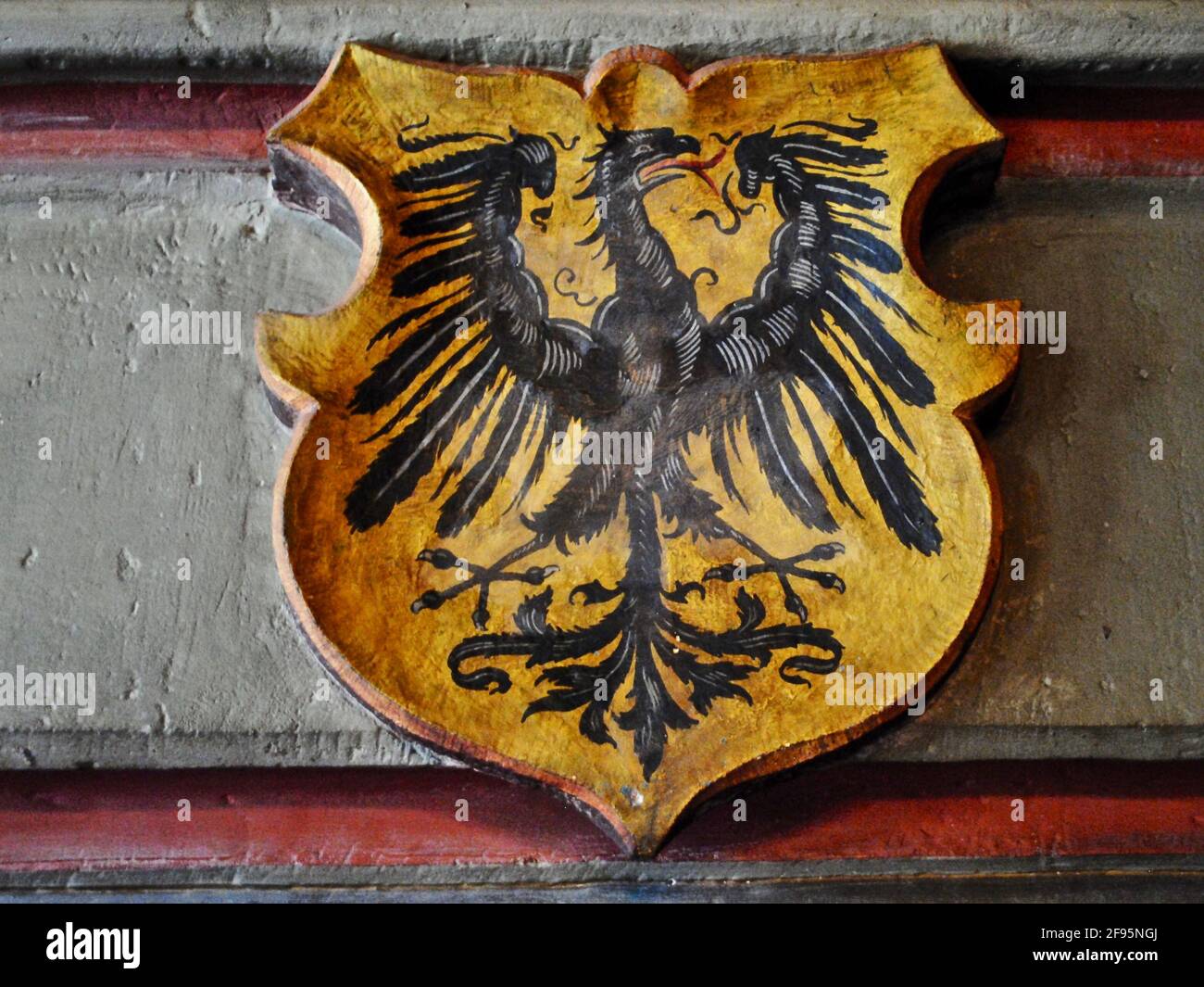 Cochem Castle (Reichsburg or Burg) The Reichsadler (Imperial Eagle) is the heraldic eagle used in Germany's coat of arms, and Holy Roman Empire. Stock Photo