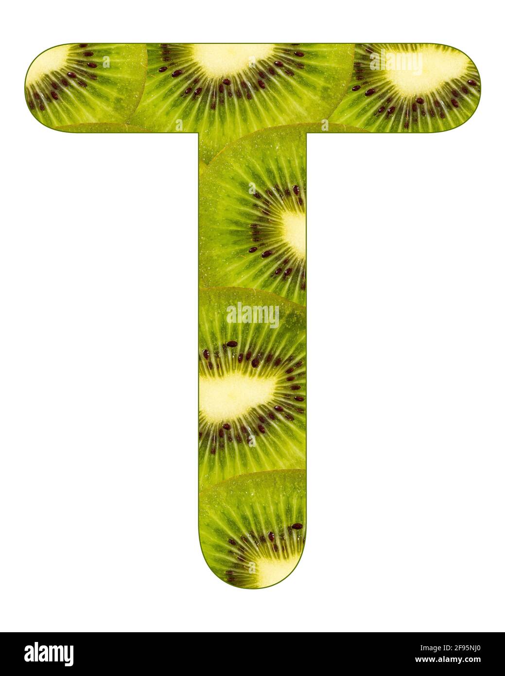 Alphabet letter T with kiwi fruit background - Actinidia deliciosa Stock Photo