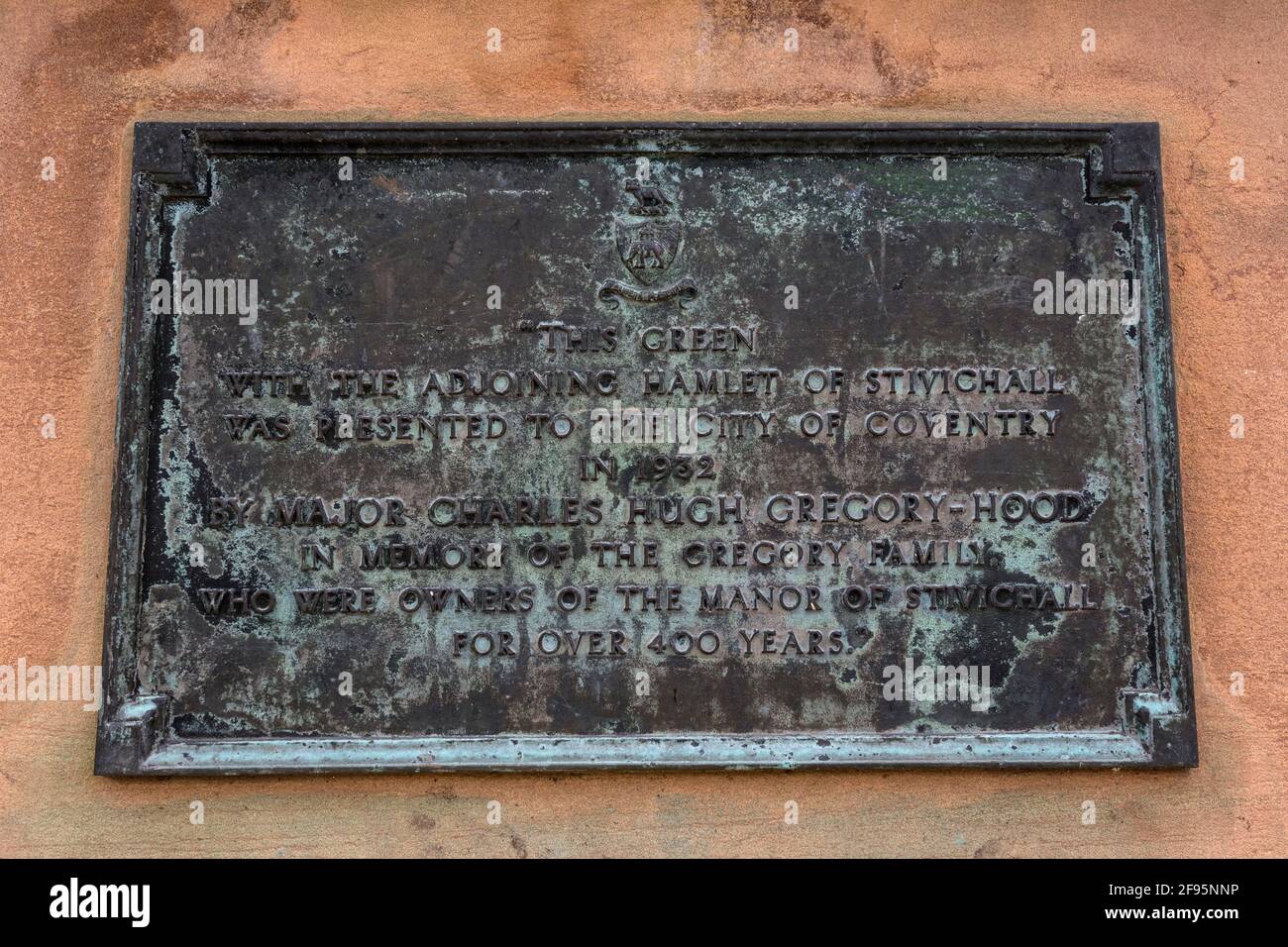 Plaque on the Gregory obelisk, Stivichall Croft, Coventry, West Midlands, England, UK Stock