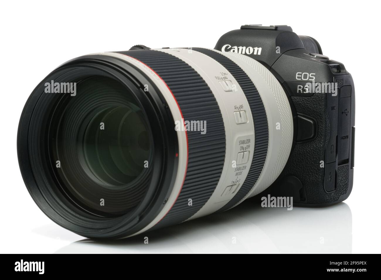 A Canon Eos R5 mirrorless digital camera with a 70mm to 200mm zoom lens