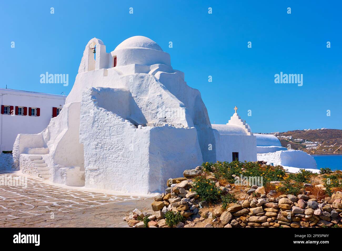 Mykonos Island in Greece. Greek Panagia Paraportiani church in Chora town. Stock Photo