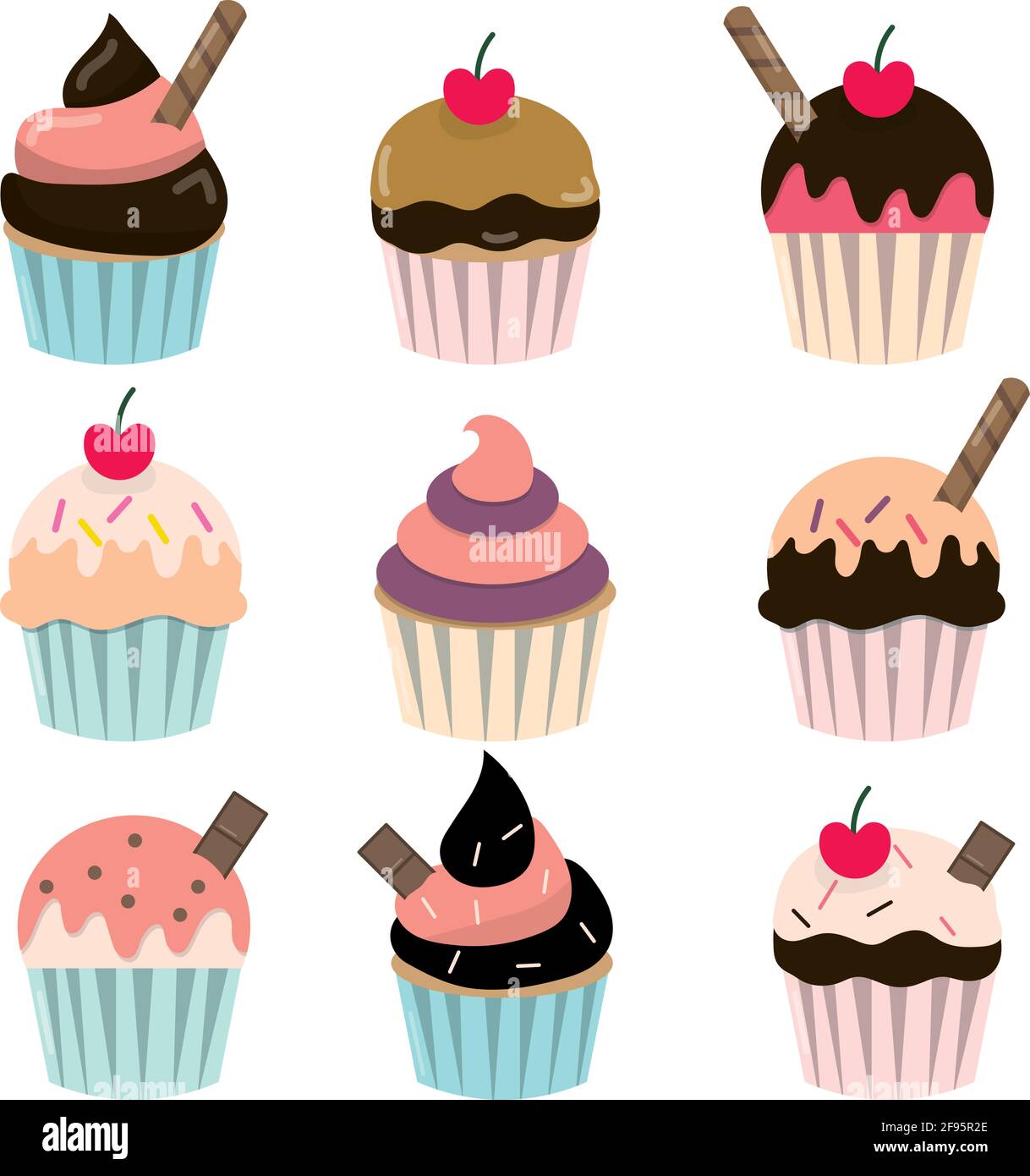 Set of nine cupcakes with different icing and sprinkles and add-ons. Stock Vector
