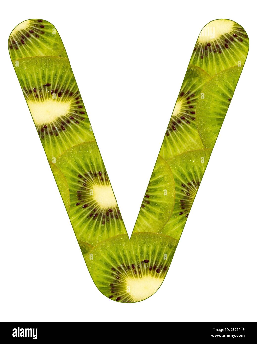 Alphabet letter V with kiwi fruit background - Actinidia deliciosa Stock Photo