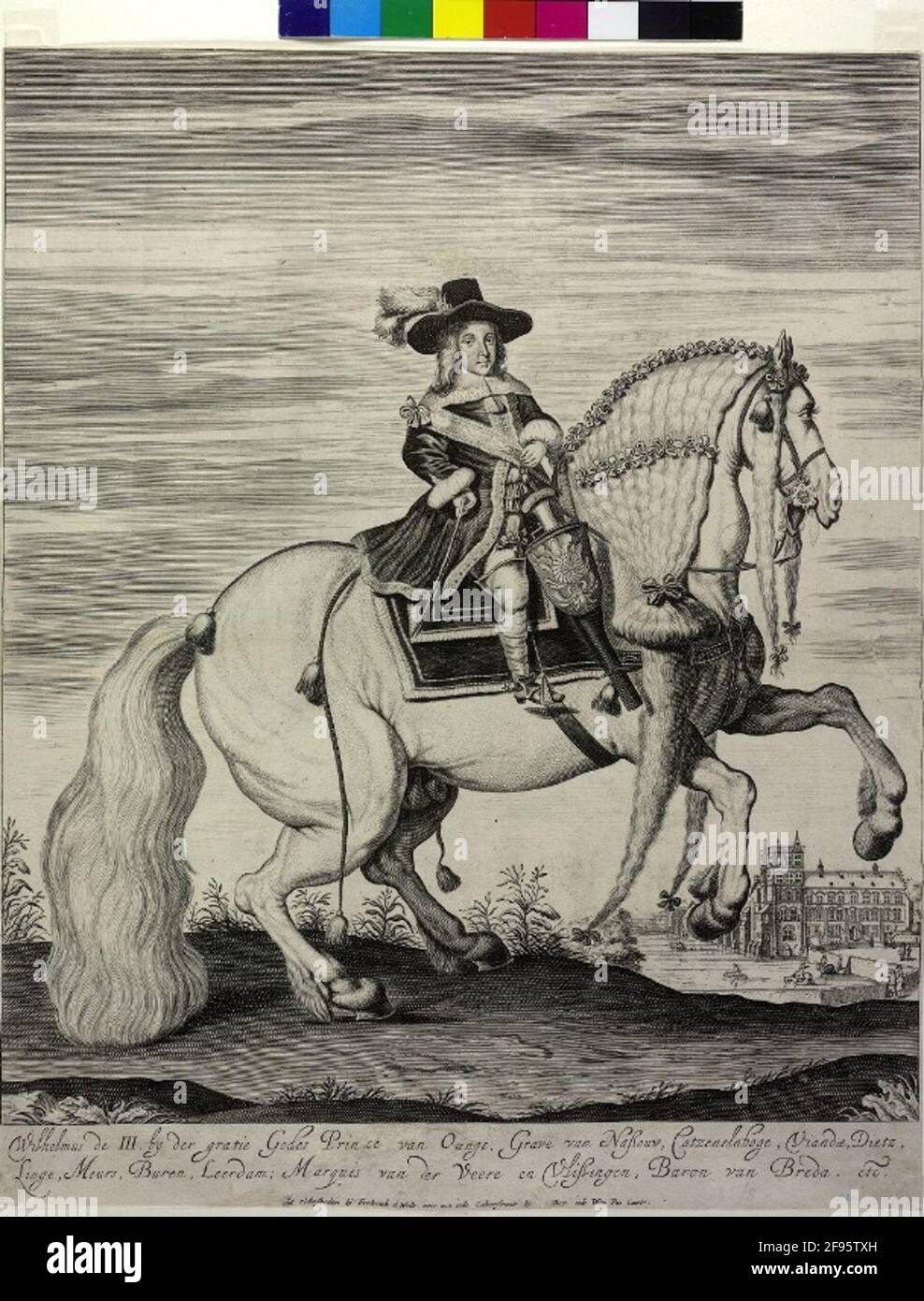 Wilhelm III., Prince of Orania, King of England aged from about five years on horseback: Whole figure sitting on a mold in the right side view, half of the right; with sprinkled hat; in rider skirt with edge braids, shoulder collar, shoulder band with loop, bay cuffs; Rights with riding material on the hip, reins in the left; Two saddle ceilings; Before the saved right leg a pistol [?] Feeding; The horse with elevated front legs attaching to the leap, on his artfully bundled, in two floor-length and two half-length braids expiring mane rich loop decoration, on both sides of the croup two tasse Stock Photo