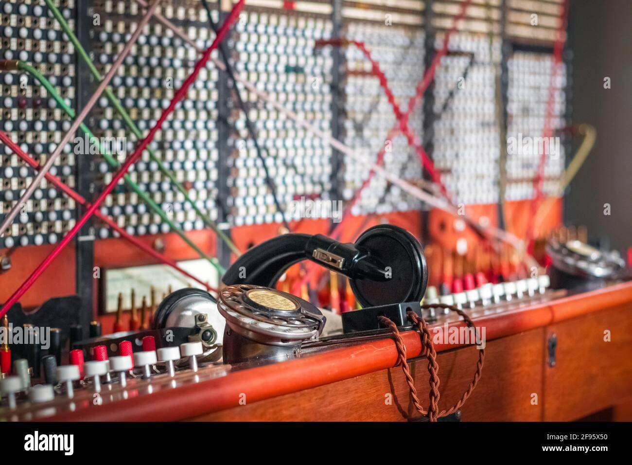 Old fashioned manual telephone exchange switchboard displayed at