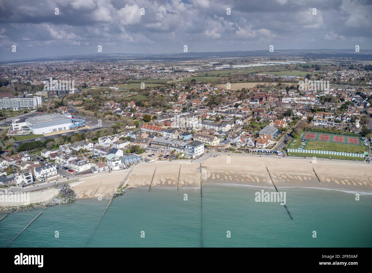 Aerial View of Felpham Village a popular seaside destination in West Sussex and close to Bognor Regis holiday resort town.. Stock Photo