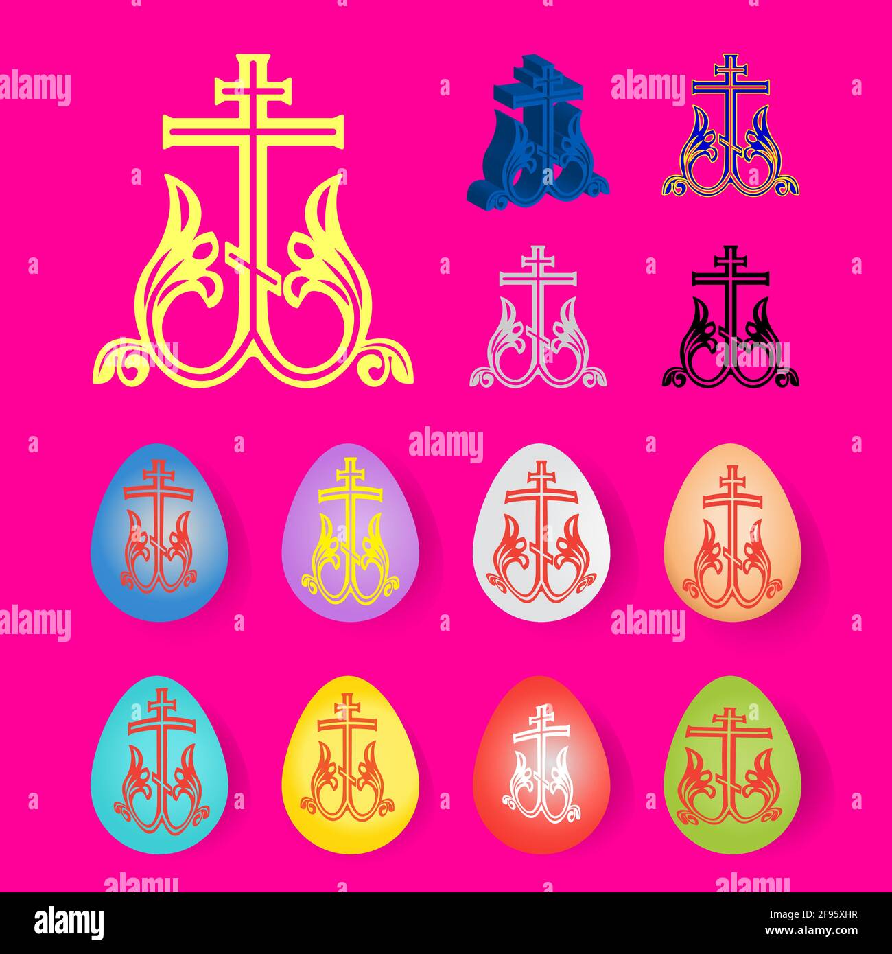 Stencil blank for coloring eggs with examples of application. Silhouette of the Orthodox cross. Stock Vector
