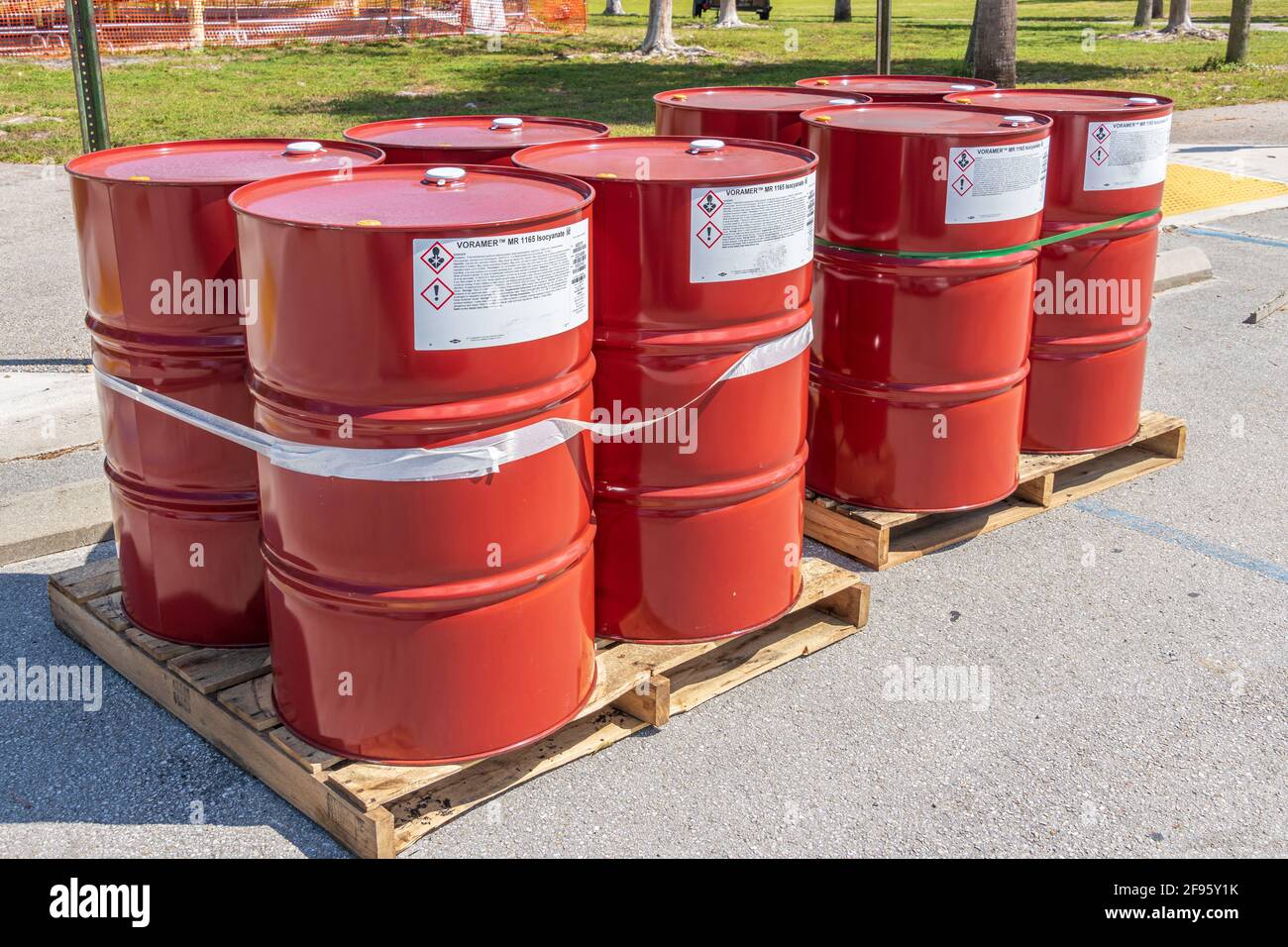 Red barrels of Voramer MR 1165 isocyanate - Vista View Park, Davie, Florida, USA Stock Photo