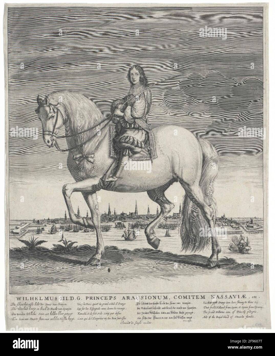 Wilhelm III., Prince of Orania, King of England aged to about fifteen years, sitting on horseback: Whole figure in left side view, head half of the left; Barhaupt, with Allonhaar; the shoulder collar with wide top edge; in Wams with wide arm slots, bauschy sleeves and cuffs, fringed shoulder band, sweeping perpendicular to the left hip; In loop-filled knee-length bumpy reins in the left, with riding set in the right side of the left shoulder; the horse standing on the right front hoof and left back hoof; his mane bundled with loop; In the background of the port of Amsterdam; Below the represen Stock Photo