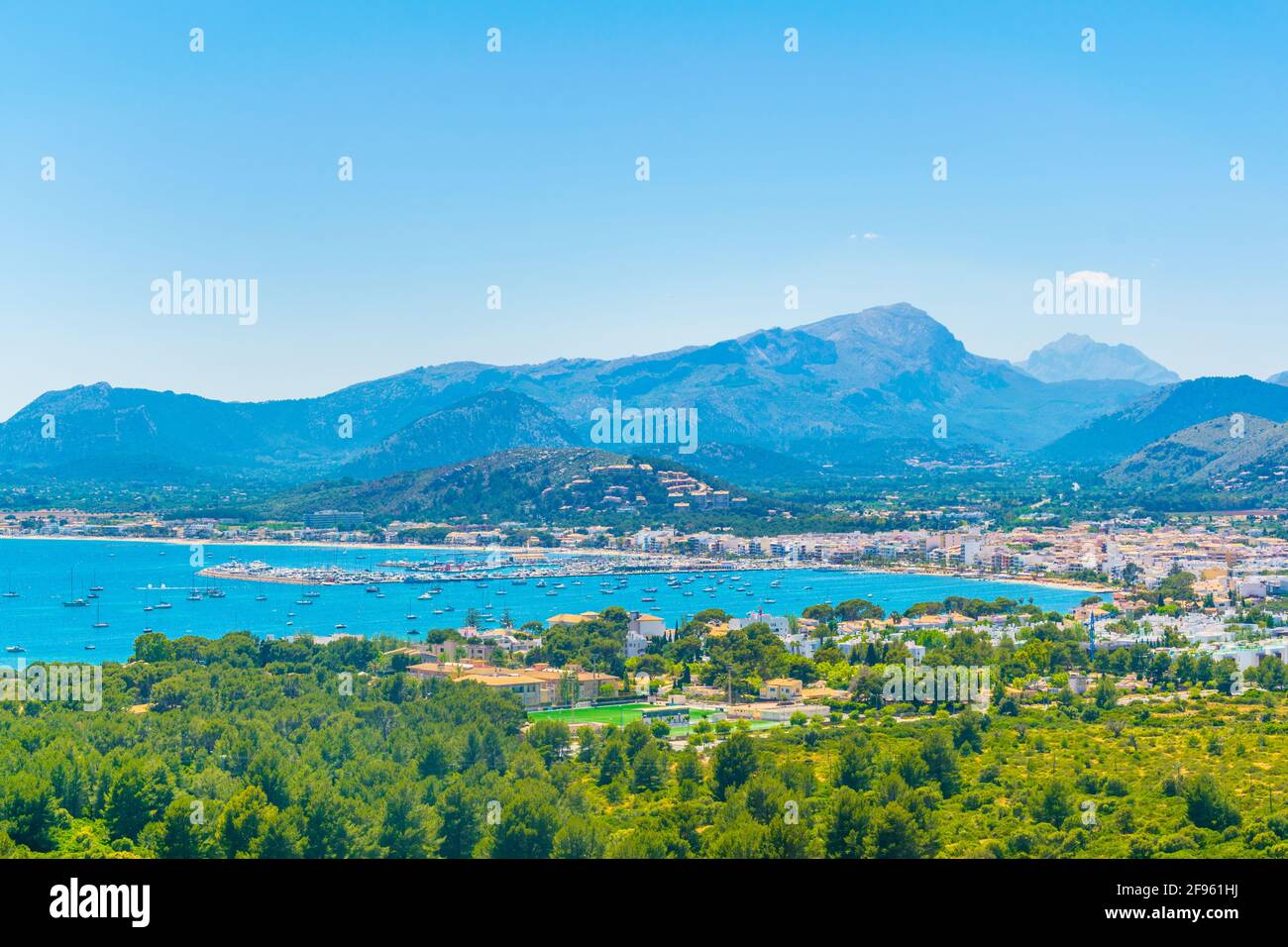 Aerial View Of Port De Pollenca And Pollenca Bay Mallorca Spain Stock aerial-view-of-port-de-pollenca-and-pollenca-bay-mallorca-spain-stock