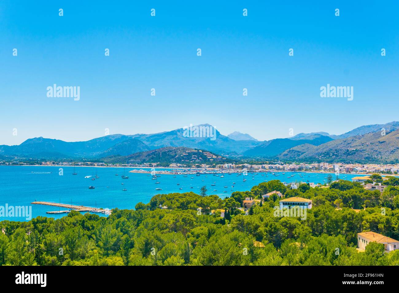 Aerial view of Port de Pollenca and Pollenca bay, Mallorca, Spain Stock