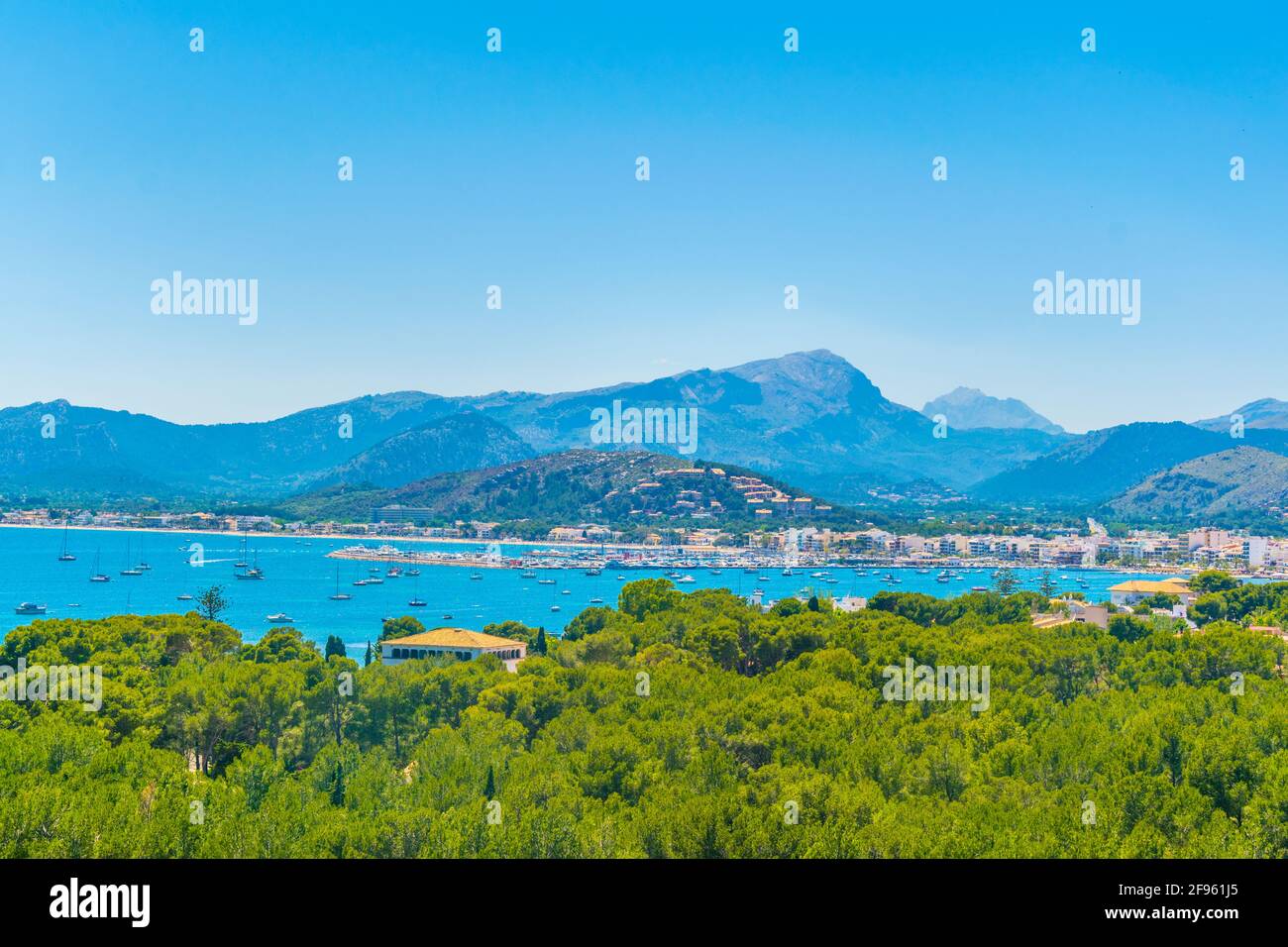 Aerial View Of Port De Pollenca And Pollenca Bay Mallorca Spain Stock aerial-view-of-port-de-pollenca-and-pollenca-bay-mallorca-spain-stock