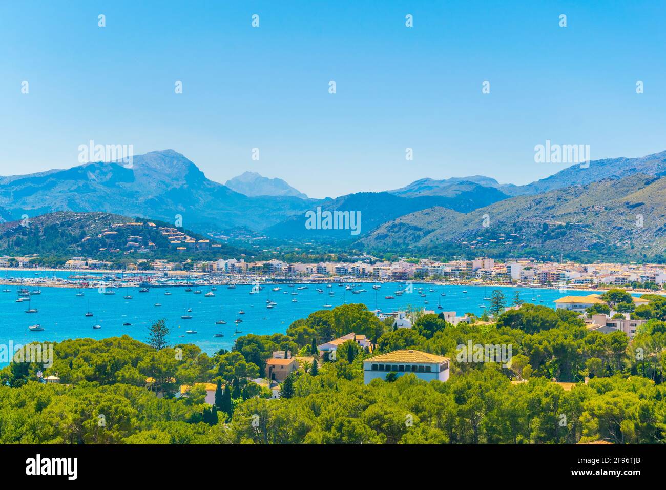 Aerial View Of Port De Pollenca And Pollenca Bay Mallorca Spain Stock aerial-view-of-port-de-pollenca-and-pollenca-bay-mallorca-spain-stock