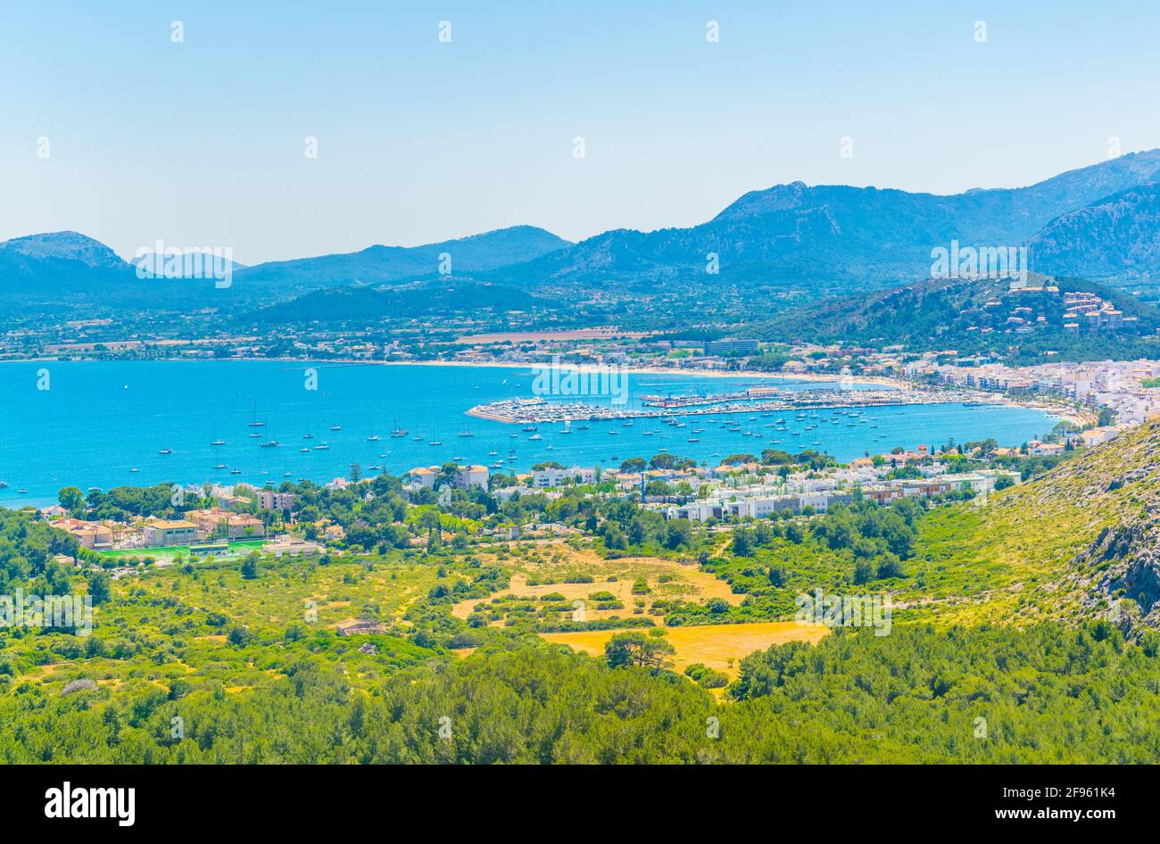 Aerial View Of Port De Pollenca And Pollenca Bay Mallorca Spain Stock aerial-view-of-port-de-pollenca-and-pollenca-bay-mallorca-spain-stock