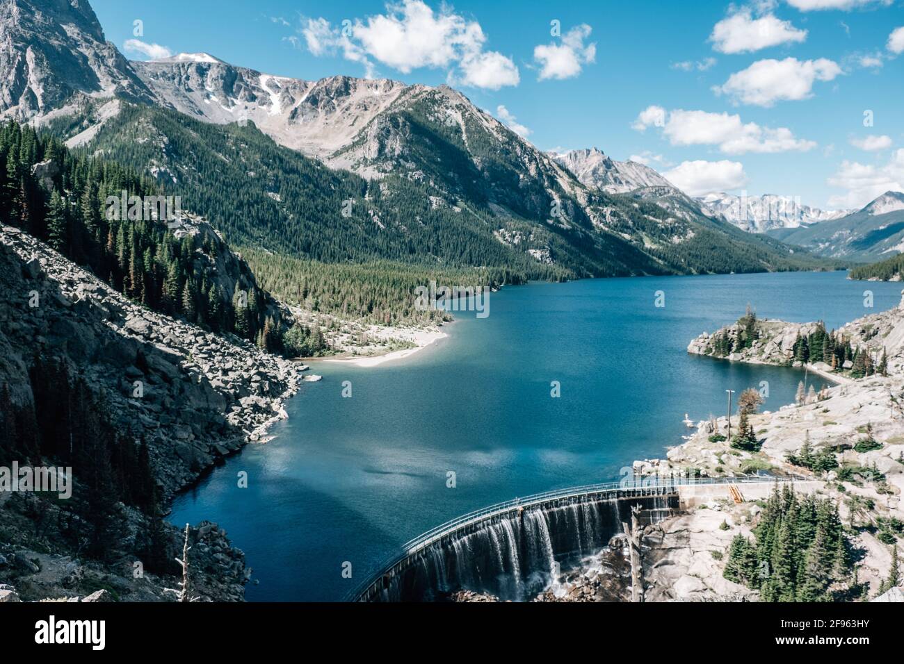 Landscape of a Mystic Lake in Montana with a blue sky Stock Photo