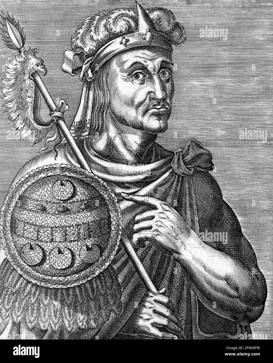 Moctezuma. Portrait of the ruler of the Aztec Empire at the time of the Spanish Conquest, Moctezuma Xocoyotzin (c. 1466 -1520), letterpress engraving, 1584 Stock Photo